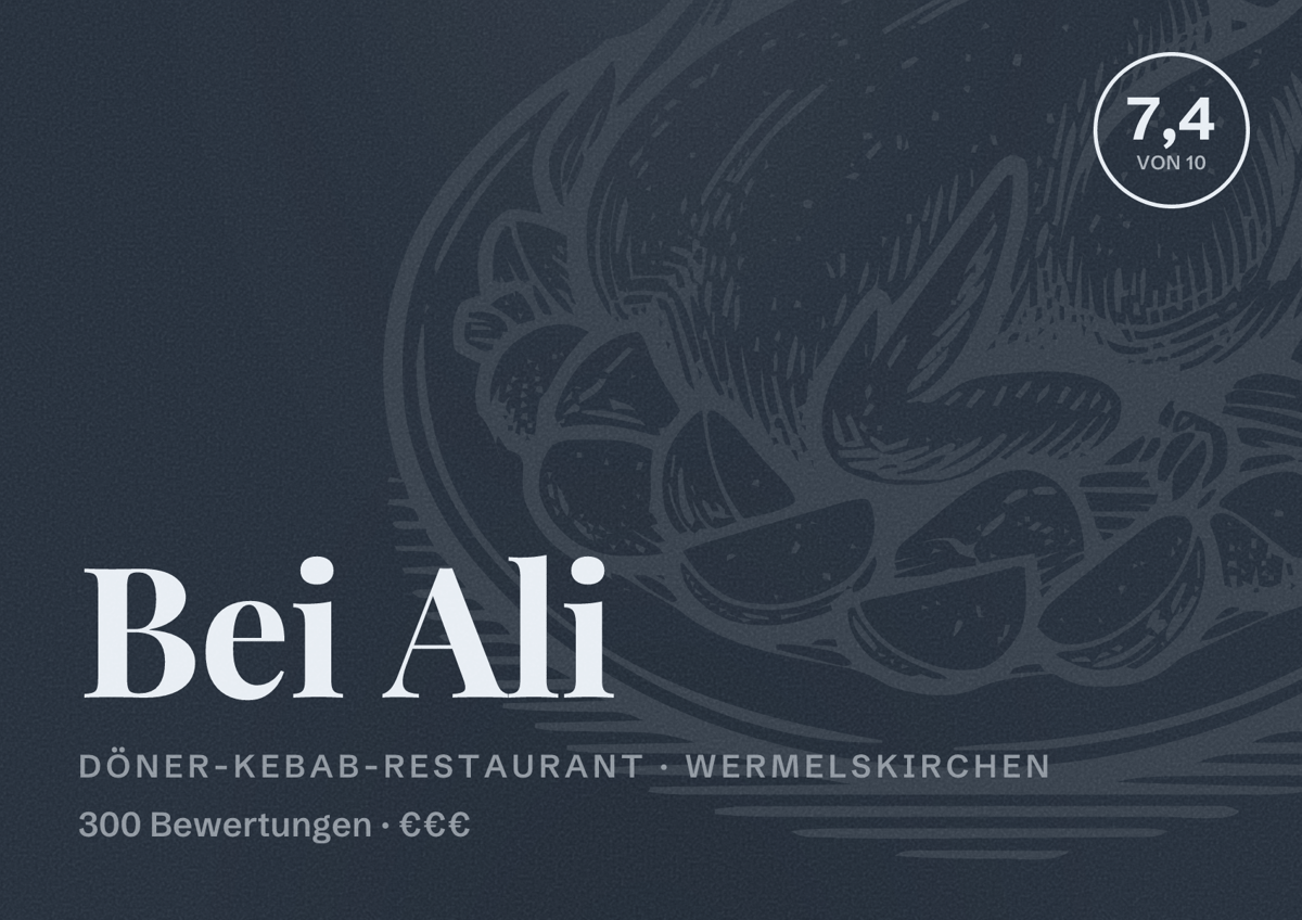 Illustriertes Poster von Bei Ali, Döner-Kebab-Restaurant in Wermelskirchen: Bewertung 7,4 von 10 aus 300 Bewertungen, Preisniveau €€€