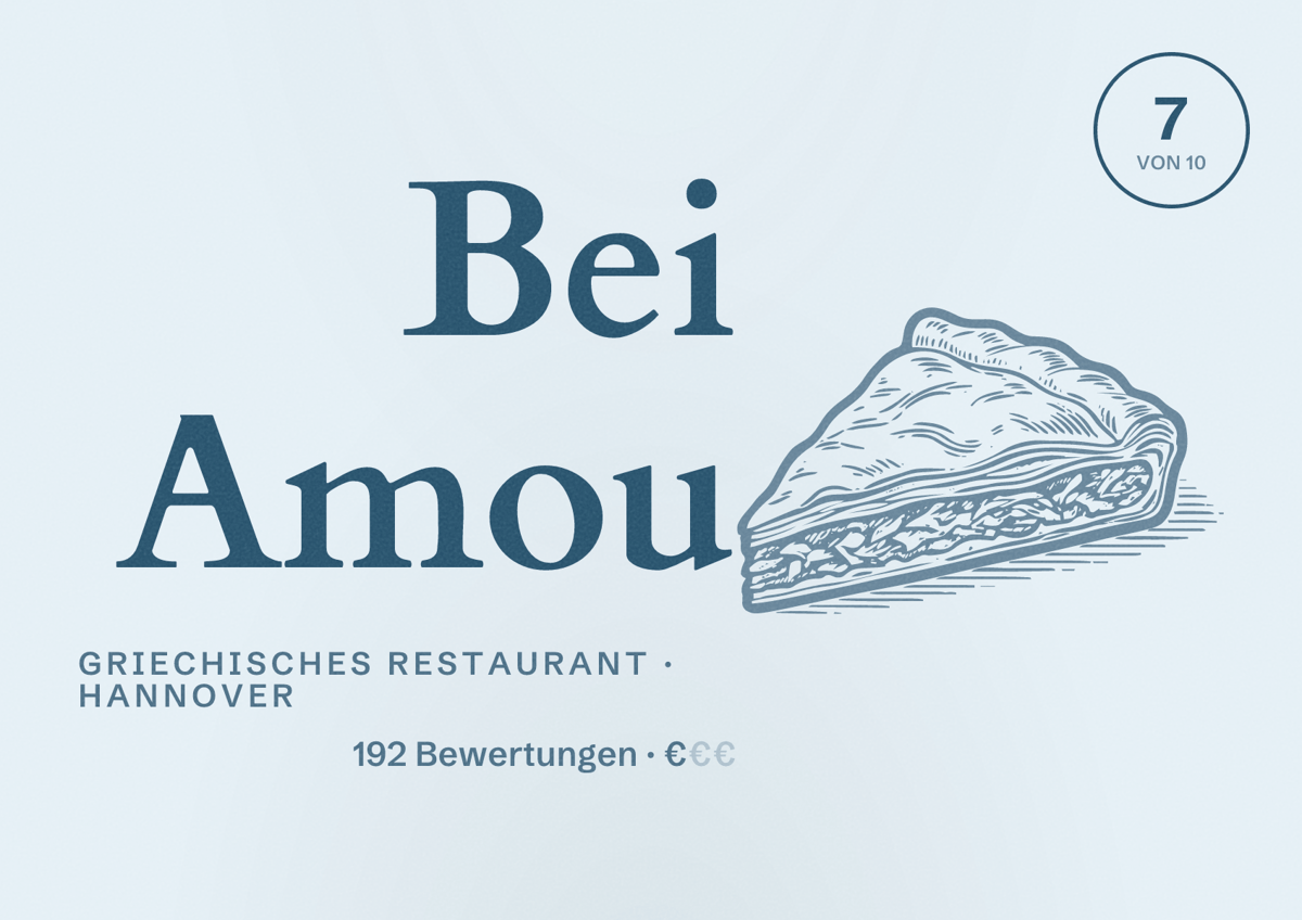 Illustriertes Poster von Bei Amou, Griechisches Restaurant in Hannover: Bewertung 7 von 10 aus 192 Bewertungen, Preisniveau €
