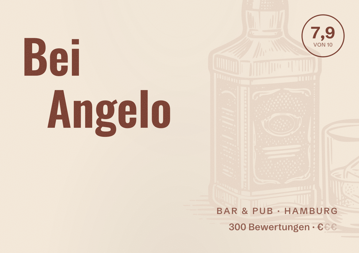 Illustriertes Poster von Bei Angelo, Bar & Pub in Hamburg: Bewertung 7,9 von 10 aus 300 Bewertungen, Preisniveau €