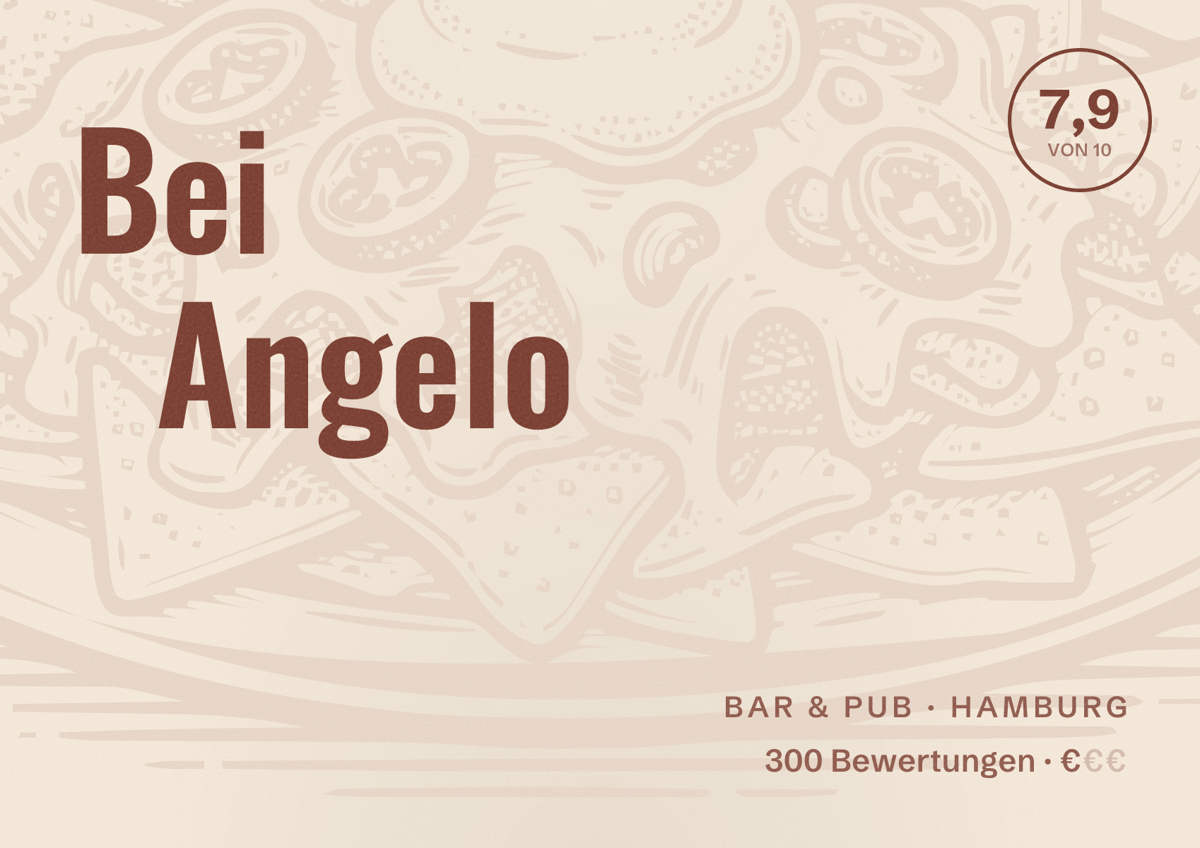 Illustriertes Poster von Bei Angelo, Bar & Pub in Hamburg: Bewertung 7,9 von 10 aus 300 Bewertungen, Preisniveau €