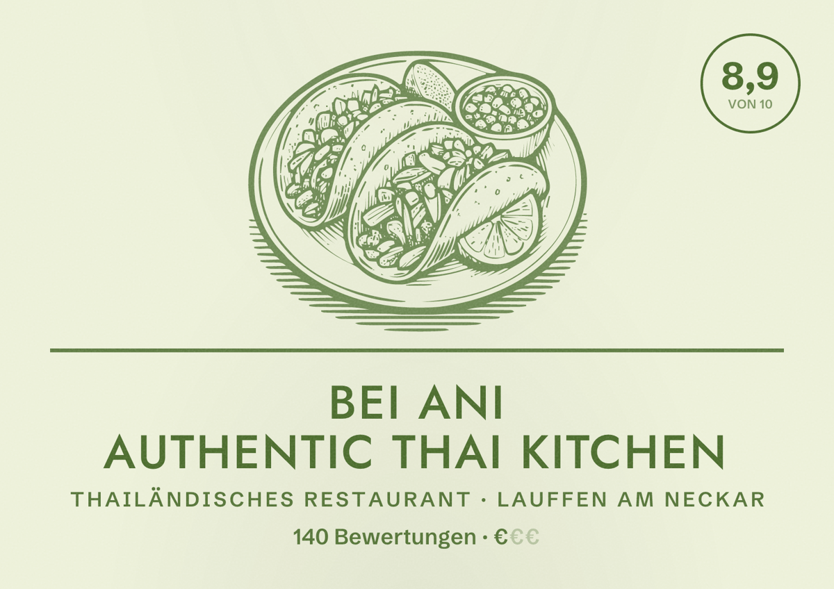 Illustriertes Poster von Bei Ani Authentic Thai Kitchen, Thailändisches Restaurant in Lauffen am Neckar: Bewertung 8,9 von 10 aus 140 Bewertungen, Preisniveau €