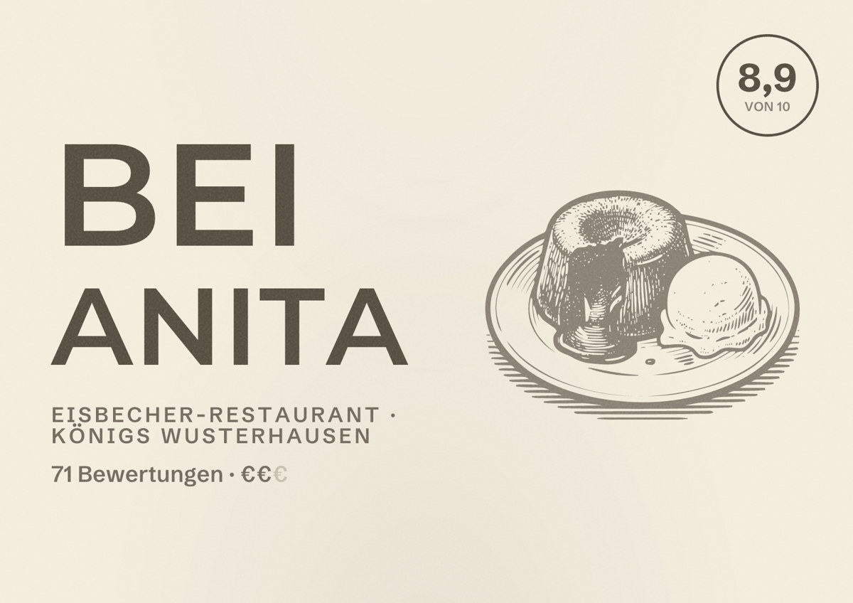 Illustriertes Poster von bei Anita, Eisbecher-Restaurant in Königs Wusterhausen: Bewertung 8,9 von 10 aus 71 Bewertungen, Preisniveau €€