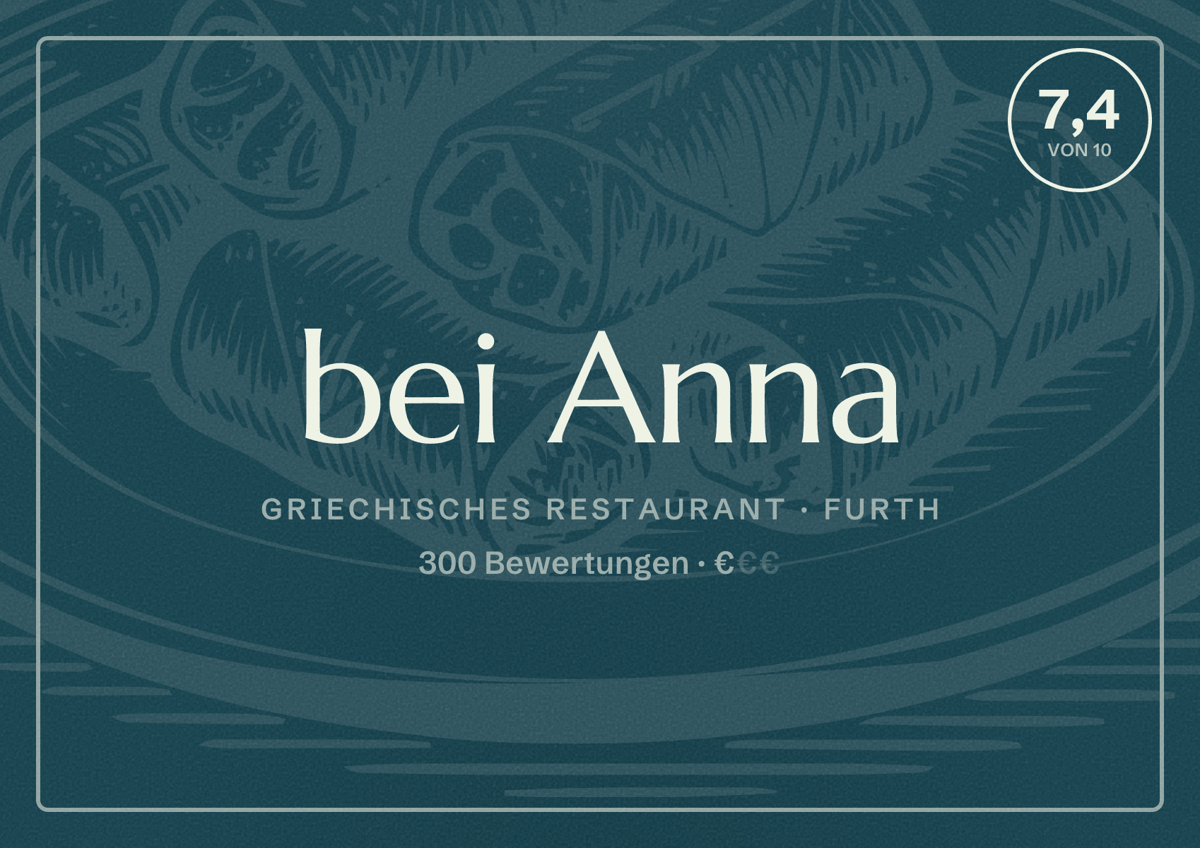 Illustriertes Poster von bei Anna, Griechisches Restaurant in Furth: Bewertung 7,4 von 10 aus 300 Bewertungen, Preisniveau €