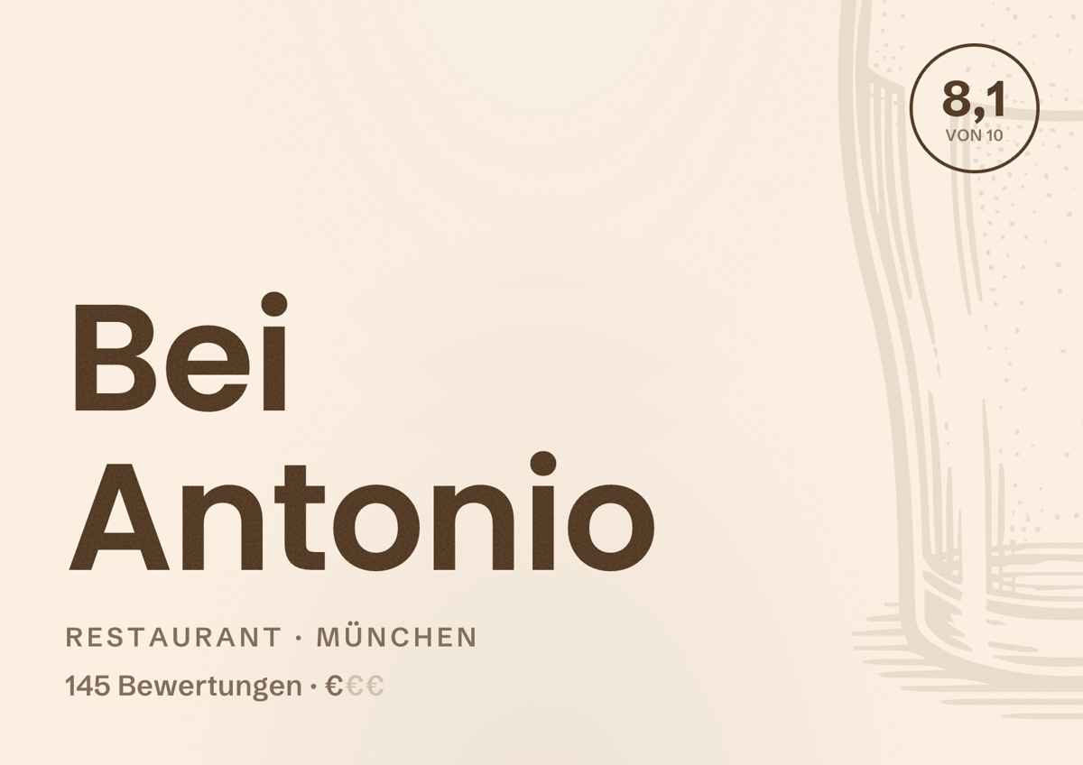 Illustriertes Poster von Bei Antonio, Restaurant in München: Bewertung 8,1 von 10 aus 145 Bewertungen, Preisniveau €