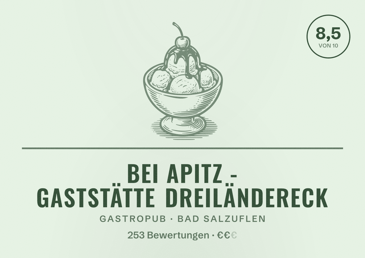 Illustriertes Poster von bei Apitz - Gaststätte Dreiländereck, Gastropub in Bad Salzuflen: Bewertung 8,5 von 10 aus 253 Bewertungen, Preisniveau €€
