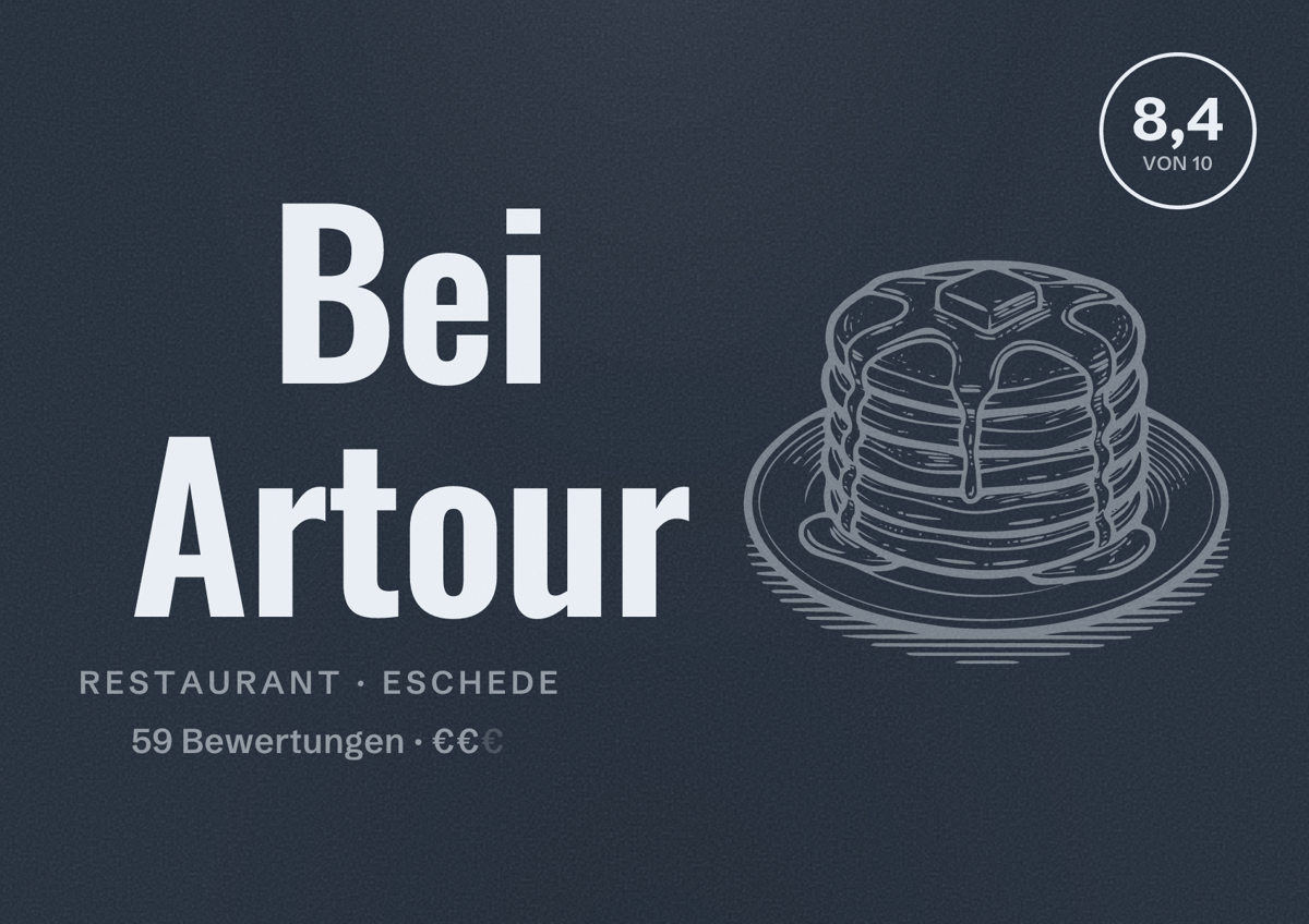 Illustriertes Poster von Bei Artour, Restaurant in Eschede: Bewertung 8,4 von 10 aus 59 Bewertungen, Preisniveau €€
