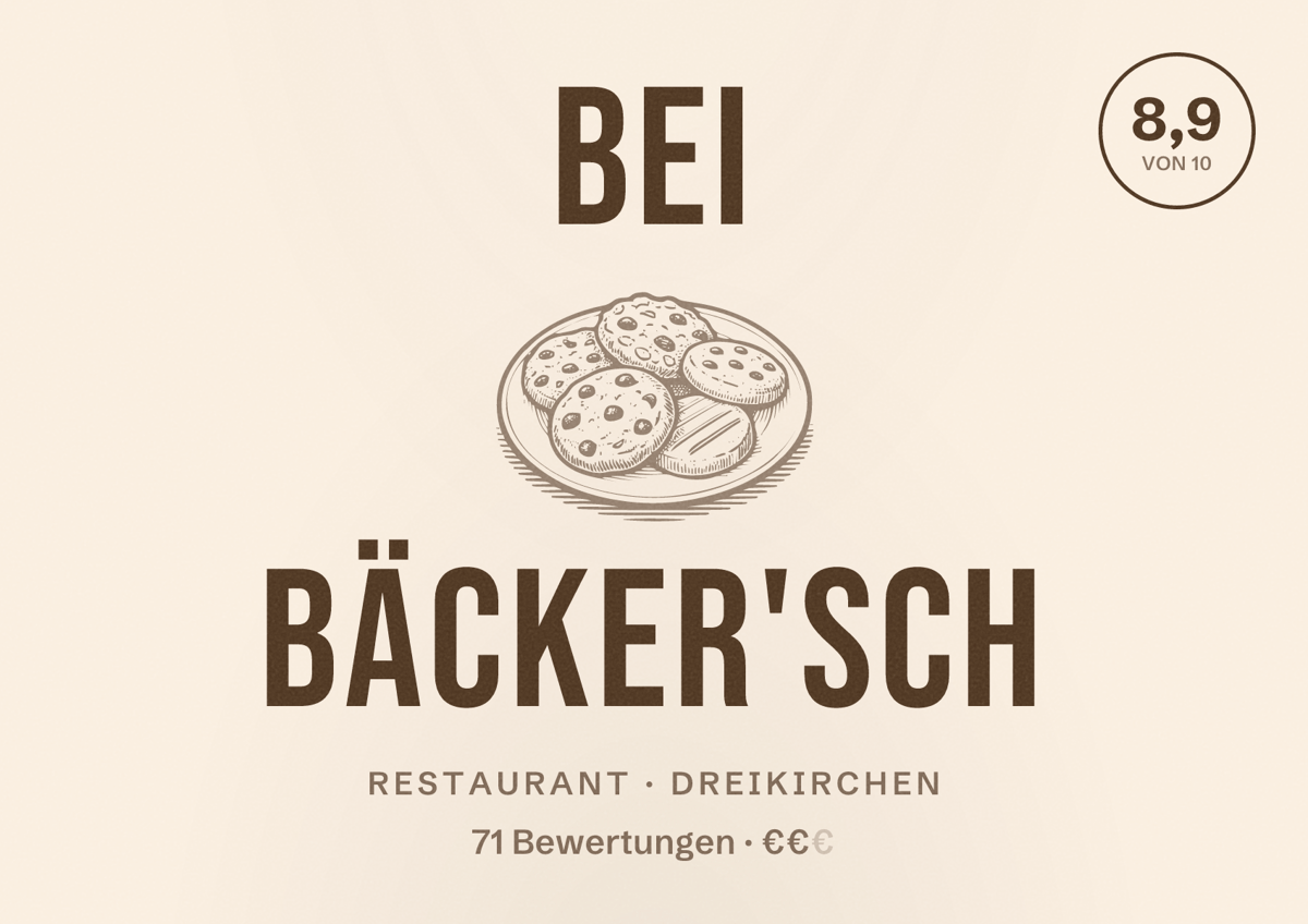 Illustriertes Poster von Bei Bäcker'sch, Restaurant in Dreikirchen: Bewertung 8,9 von 10 aus 71 Bewertungen, Preisniveau €€
