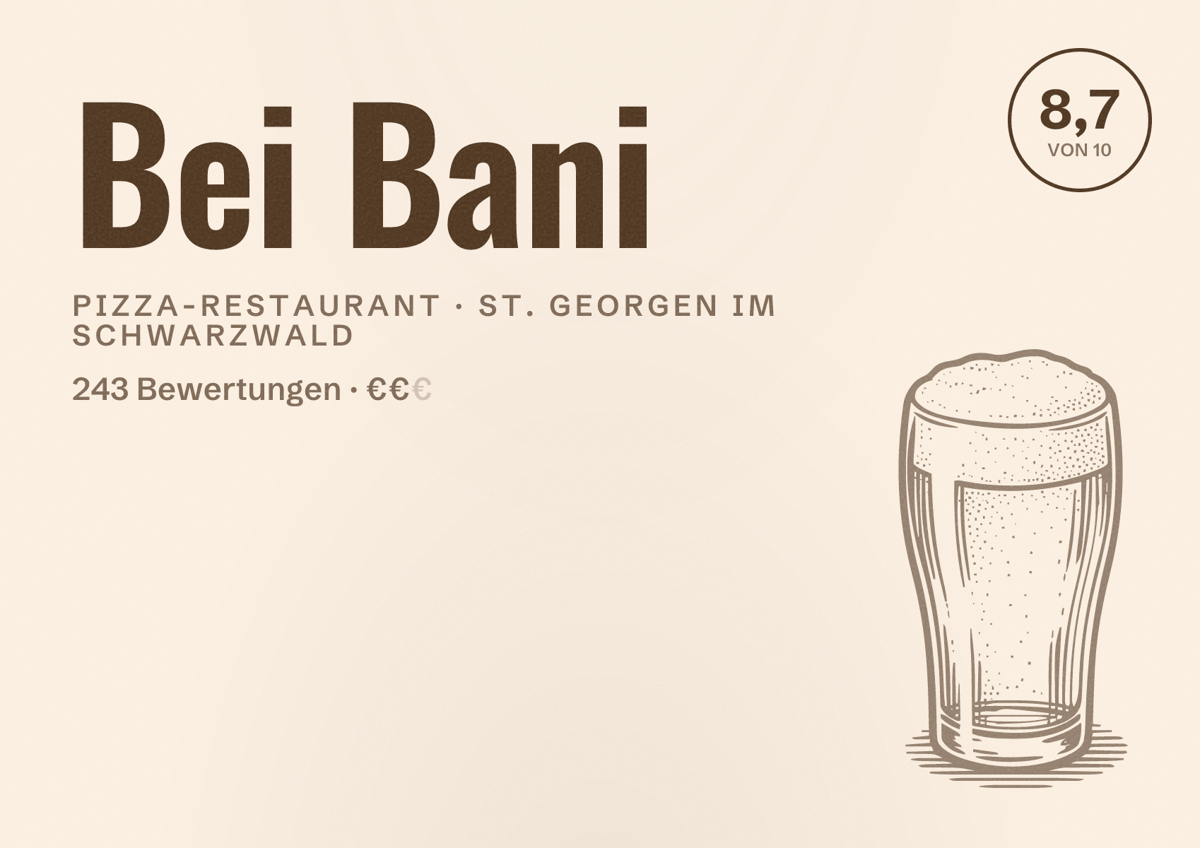 Illustriertes Poster von Bei Bani, Pizza-Restaurant in St. Georgen im Schwarzwald: Bewertung 8,7 von 10 aus 243 Bewertungen, Preisniveau €€