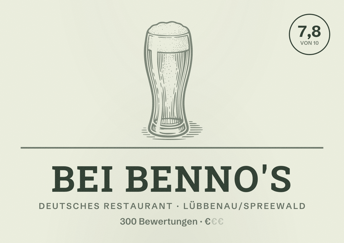 Illustriertes Poster von Bei Benno's, Deutsches Restaurant in Lübbenau/Spreewald: Bewertung 7,8 von 10 aus 300 Bewertungen, Preisniveau €