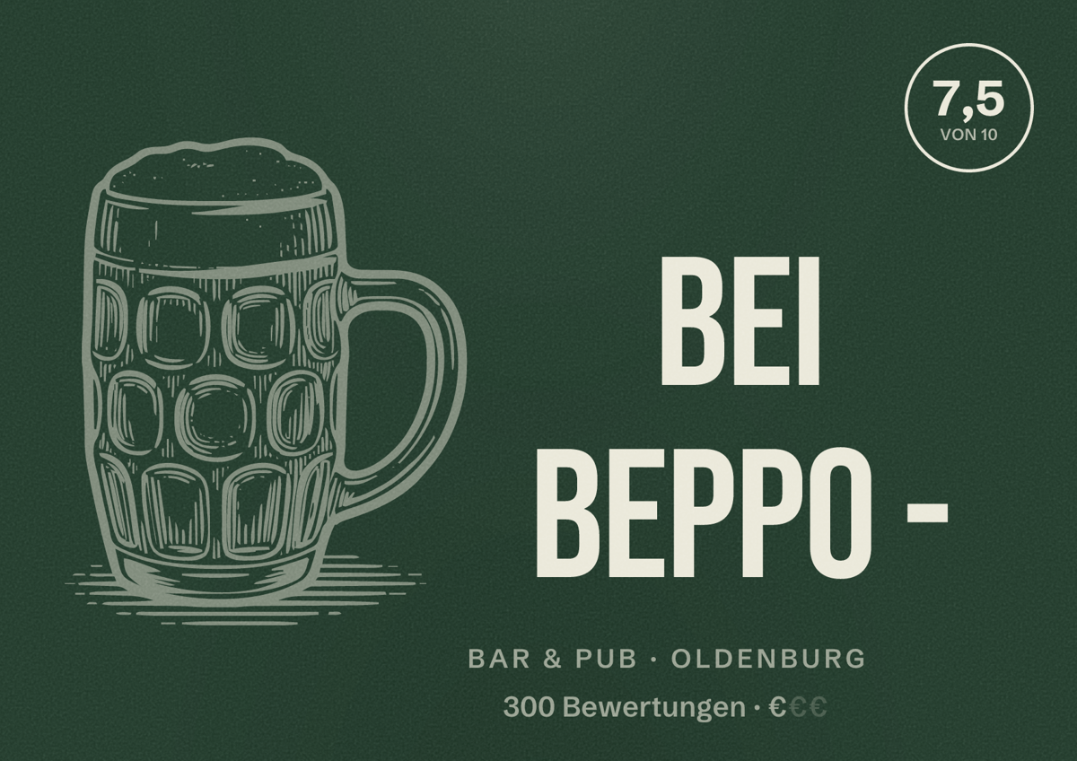 Illustriertes Poster von Bei Beppo -, Bar & Pub in Oldenburg: Bewertung 7,5 von 10 aus 300 Bewertungen, Preisniveau €