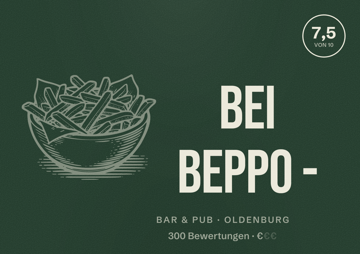 Illustriertes Poster von Bei Beppo -, Bar & Pub in Oldenburg: Bewertung 7,5 von 10 aus 300 Bewertungen, Preisniveau €