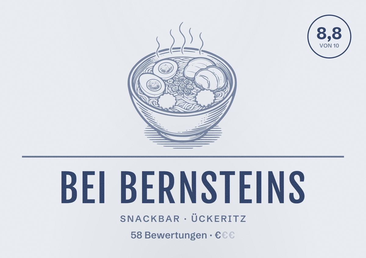 Illustriertes Poster von bei BERNSTEINs, Snackbar in Ückeritz: Bewertung 8,8 von 10 aus 58 Bewertungen, Preisniveau €