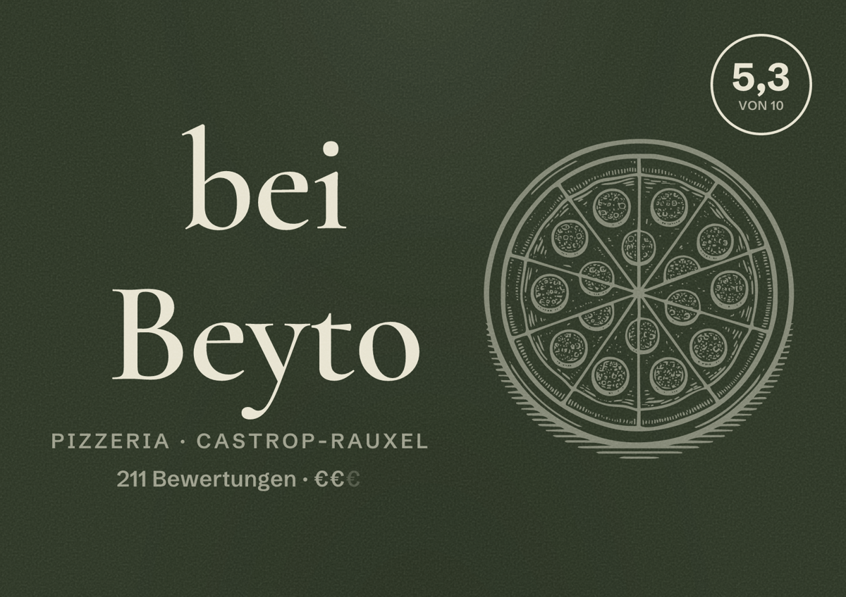 Illustriertes Poster von bei Beyto, Pizzeria in Castrop-Rauxel: Bewertung 5,3 von 10 aus 211 Bewertungen, Preisniveau €€