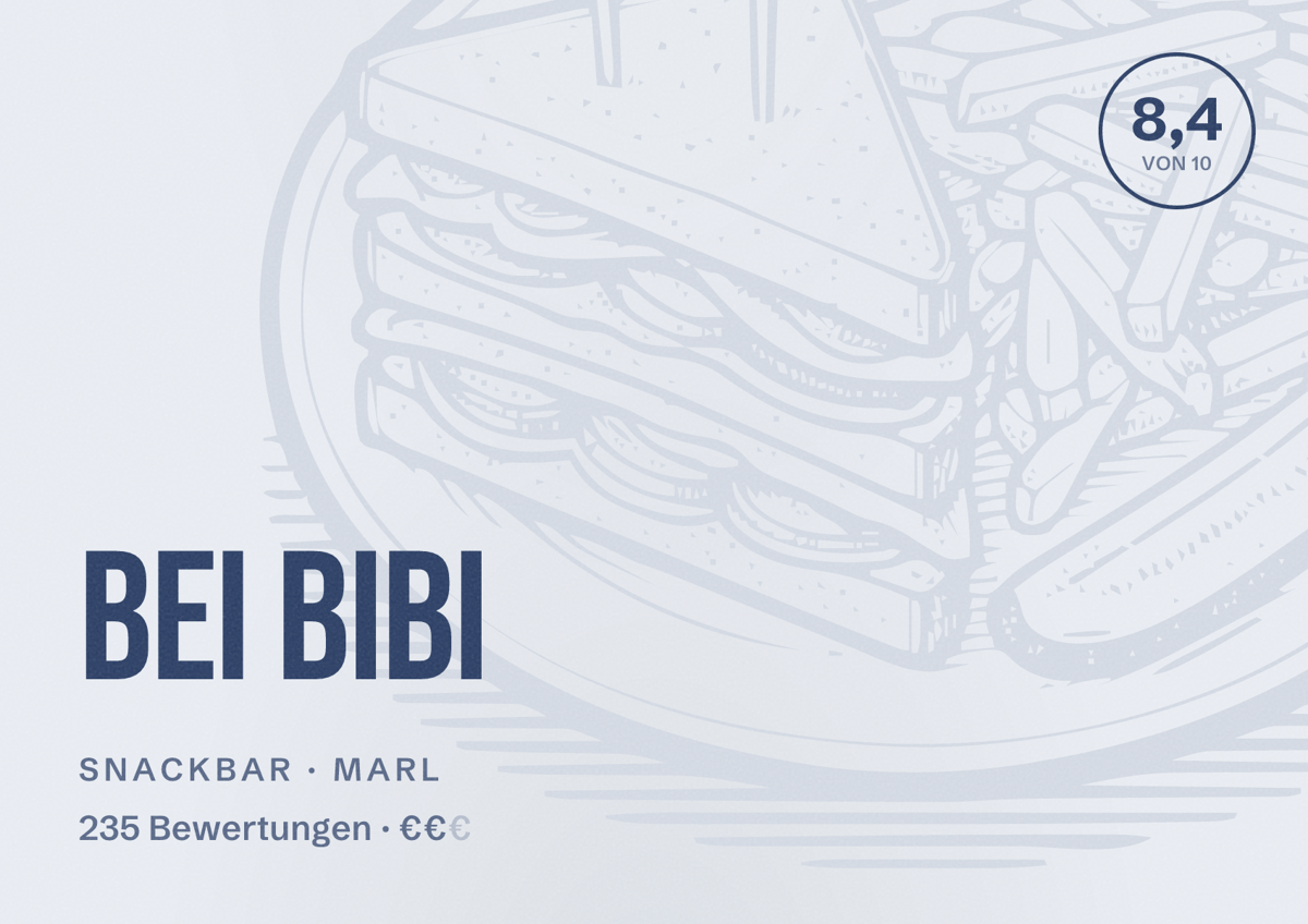 Illustriertes Poster von Bei Bibi, Snackbar in Marl: Bewertung 8,4 von 10 aus 235 Bewertungen, Preisniveau €€