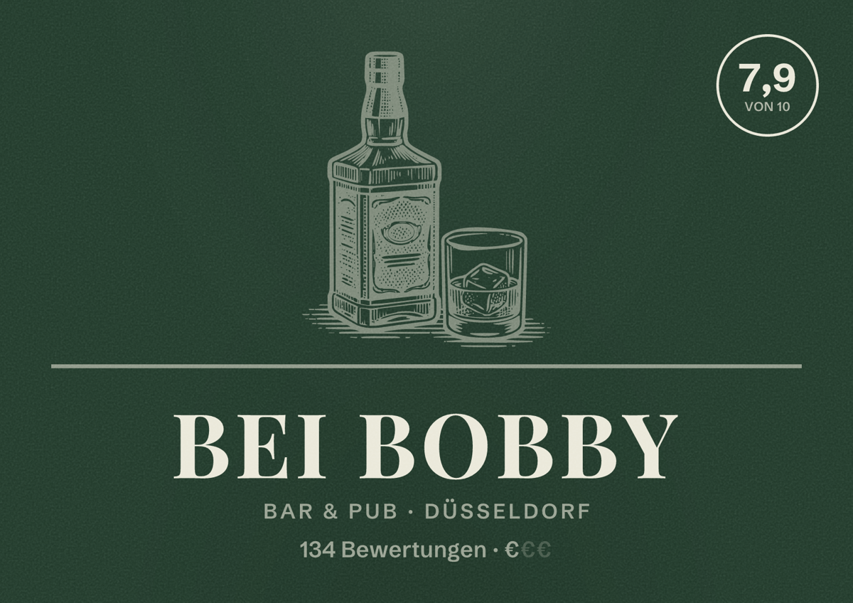 Illustriertes Poster von Bei Bobby, Bar & Pub in Düsseldorf: Bewertung 7,9 von 10 aus 134 Bewertungen, Preisniveau €