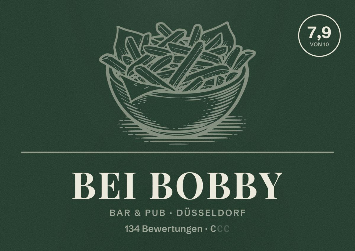 Illustriertes Poster von Bei Bobby, Bar & Pub in Düsseldorf: Bewertung 7,9 von 10 aus 134 Bewertungen, Preisniveau €
