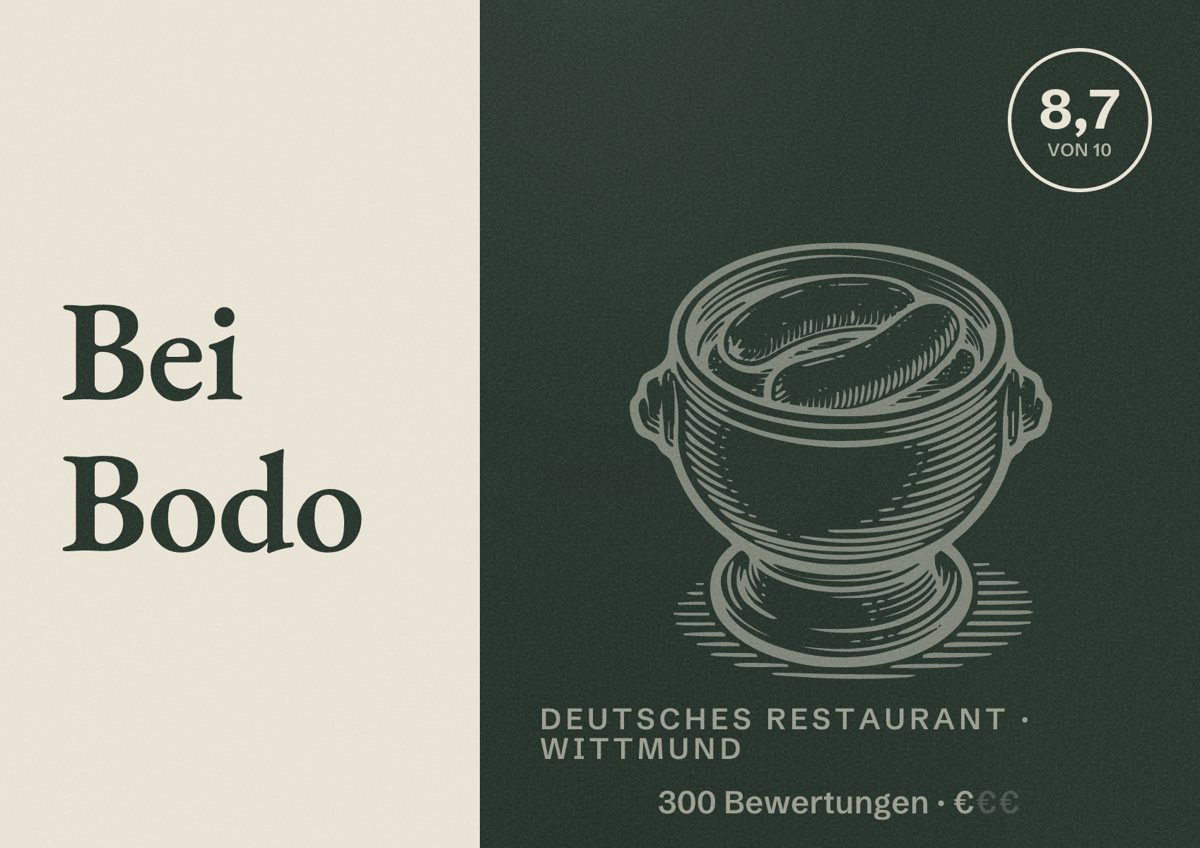 Illustriertes Poster von Bei Bodo, Deutsches Restaurant in Wittmund: Bewertung 8,7 von 10 aus 300 Bewertungen, Preisniveau €