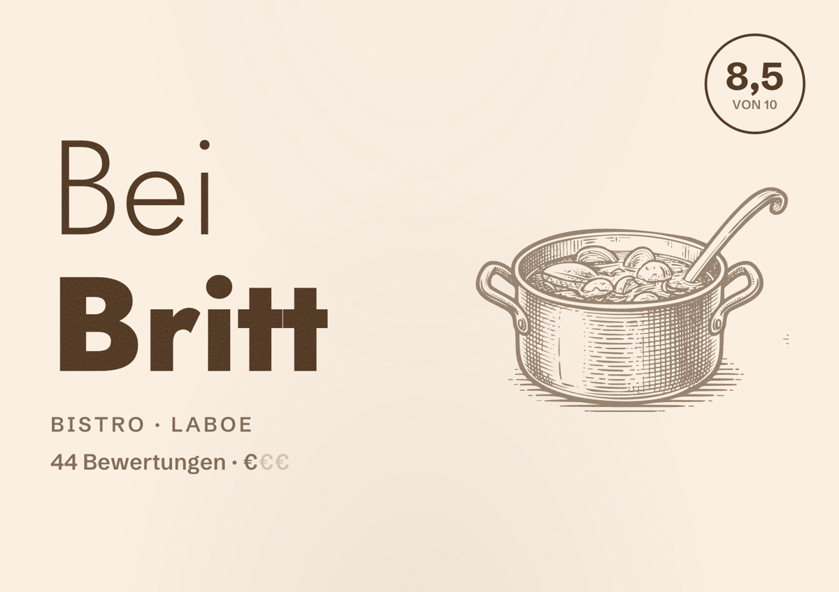 Illustriertes Poster von Bei Britt, Bistro in Laboe: Bewertung 8,5 von 10 aus 44 Bewertungen, Preisniveau €
