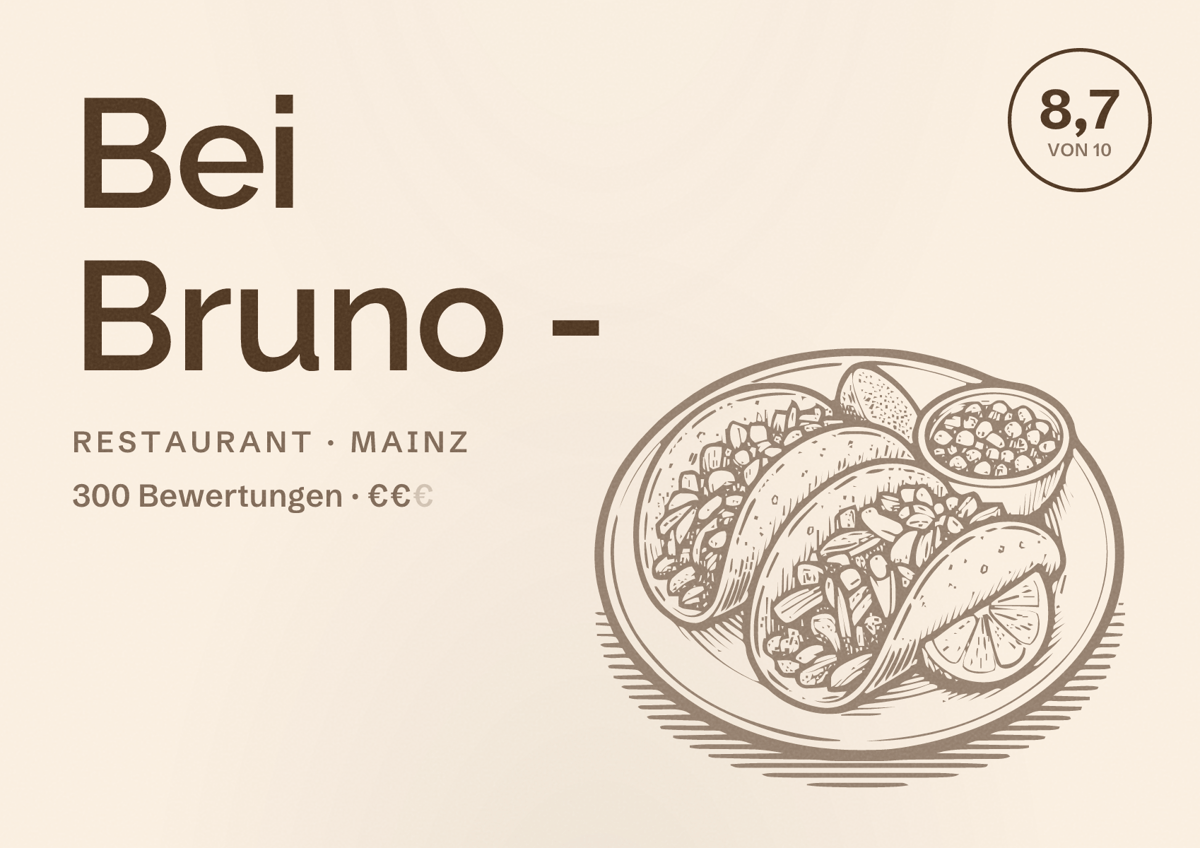 Illustriertes Poster von Bei Bruno -, Restaurant in Mainz: Bewertung 8,7 von 10 aus 300 Bewertungen, Preisniveau €€