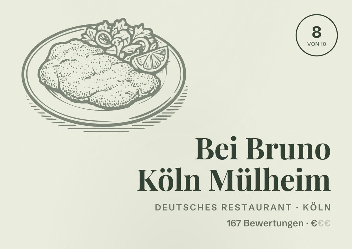 Illustriertes Poster von Bei Bruno Köln Mülheim, Deutsches Restaurant in Köln: Bewertung 8,0 von 10 aus 167 Bewertungen, Preisniveau €