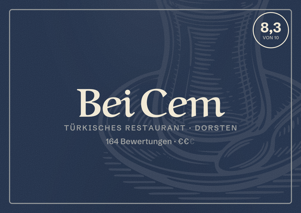 Illustriertes Poster von Bei Cem, Türkisches Restaurant in Dorsten: Bewertung 8,3 von 10 aus 164 Bewertungen, Preisniveau €€