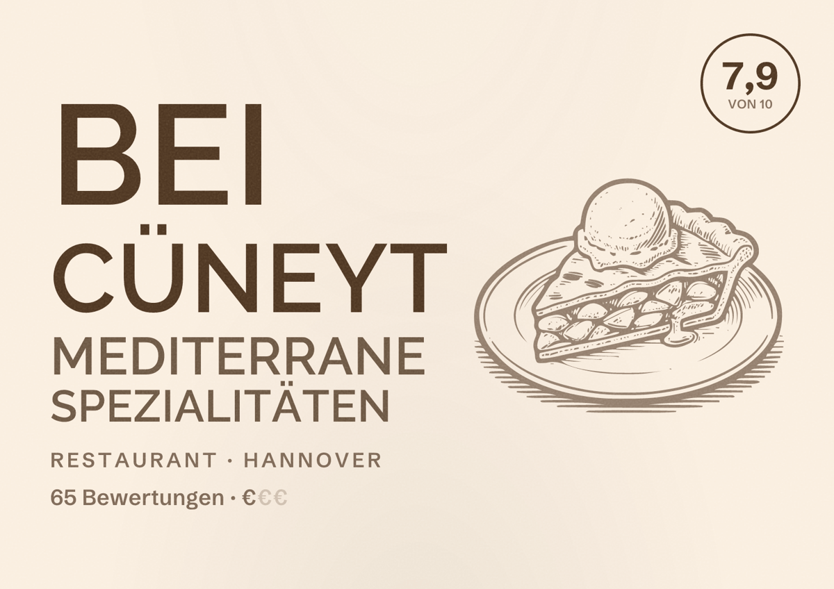 Illustriertes Poster von bei Cüneyt mediterrane Spezialitäten, Restaurant in Hannover: Bewertung 7,9 von 10 aus 65 Bewertungen, Preisniveau €