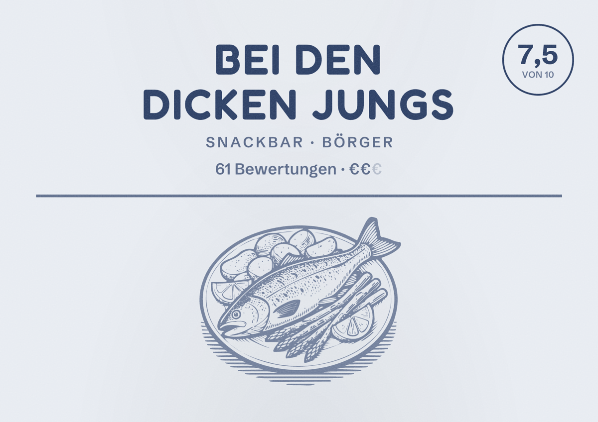 Illustriertes Poster von Bei den dicken Jungs, Snackbar in Börger: Bewertung 7,5 von 10 aus 61 Bewertungen, Preisniveau €€