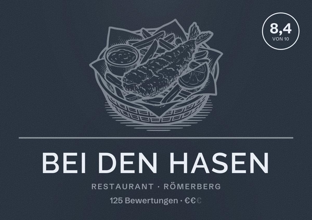 Illustriertes Poster von Bei den Hasen, Restaurant in Römerberg: Bewertung 8,4 von 10 aus 125 Bewertungen, Preisniveau €€