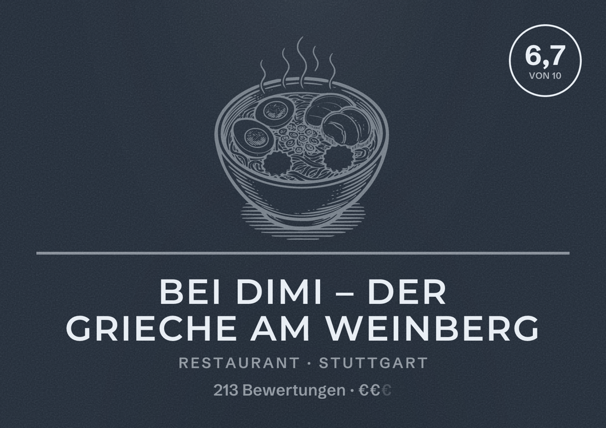 Illustriertes Poster von Bei Dimi – der Grieche am Weinberg, Restaurant in Stuttgart: Bewertung 6,7 von 10 aus 213 Bewertungen, Preisniveau €€