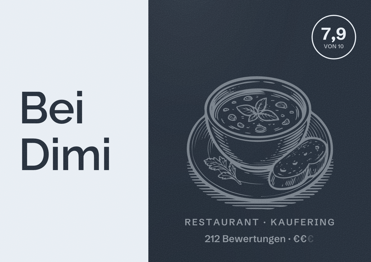 Illustriertes Poster von Bei Dimi, Restaurant in Kaufering: Bewertung 7,9 von 10 aus 212 Bewertungen, Preisniveau €€