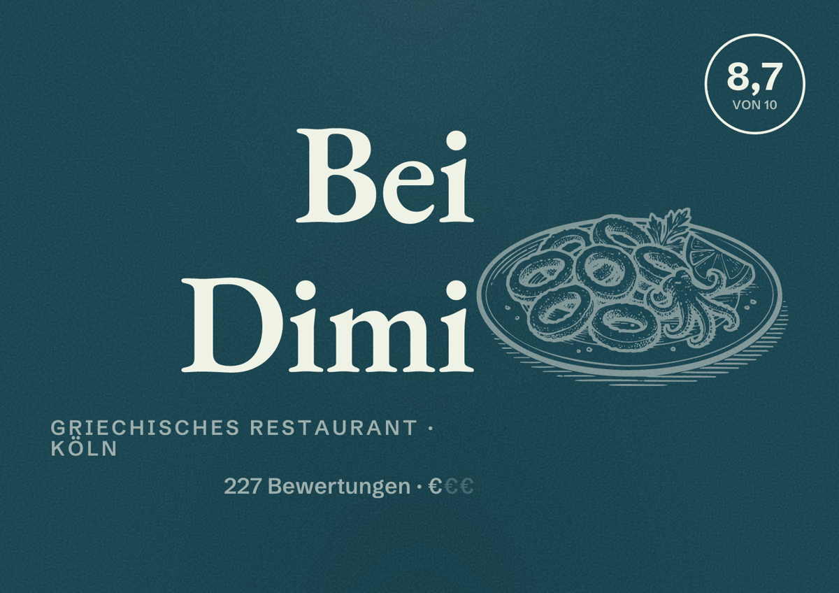 Illustriertes Poster von Bei Dimi, Griechisches Restaurant in Köln: Bewertung 8,7 von 10 aus 227 Bewertungen, Preisniveau €