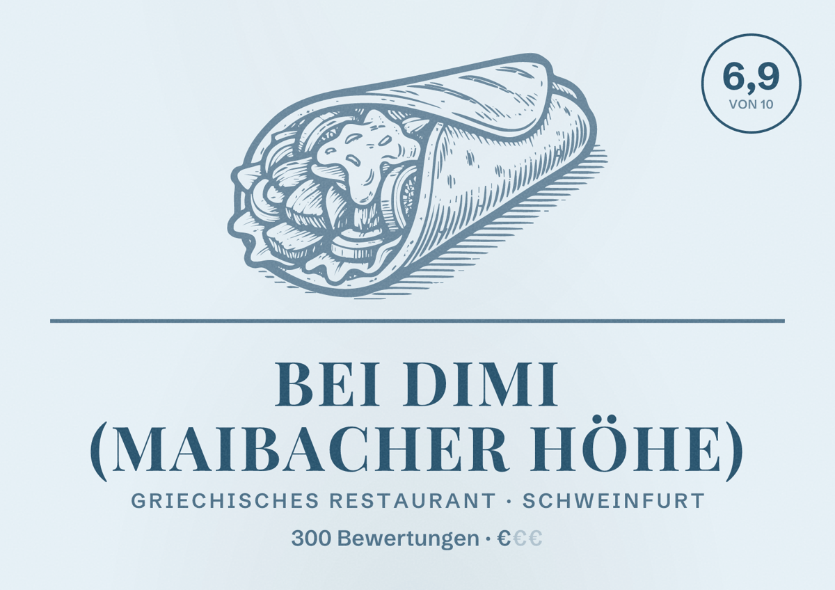 Illustriertes Poster von Bei Dimi (Maibacher Höhe), Griechisches Restaurant in Schweinfurt: Bewertung 6,9 von 10 aus 300 Bewertungen, Preisniveau €