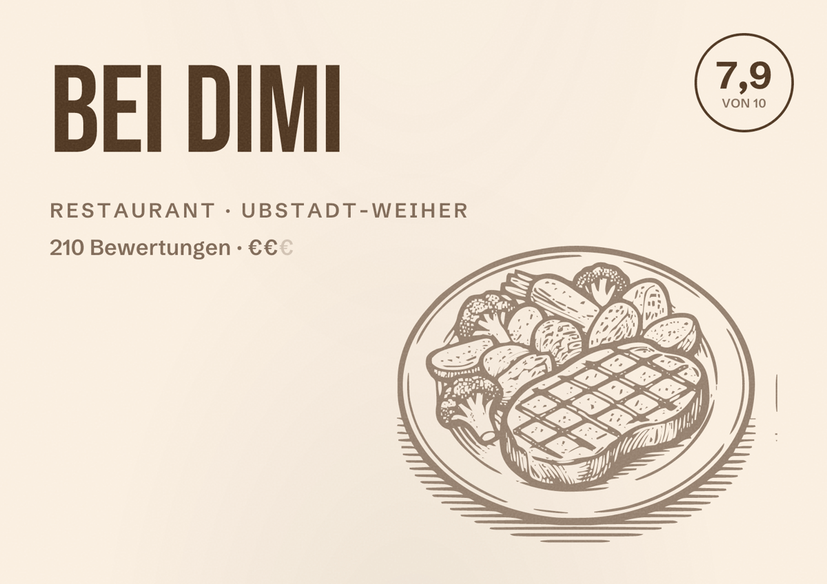 Illustriertes Poster von Bei Dimi, Restaurant in Ubstadt-Weiher: Bewertung 7,9 von 10 aus 210 Bewertungen, Preisniveau €€