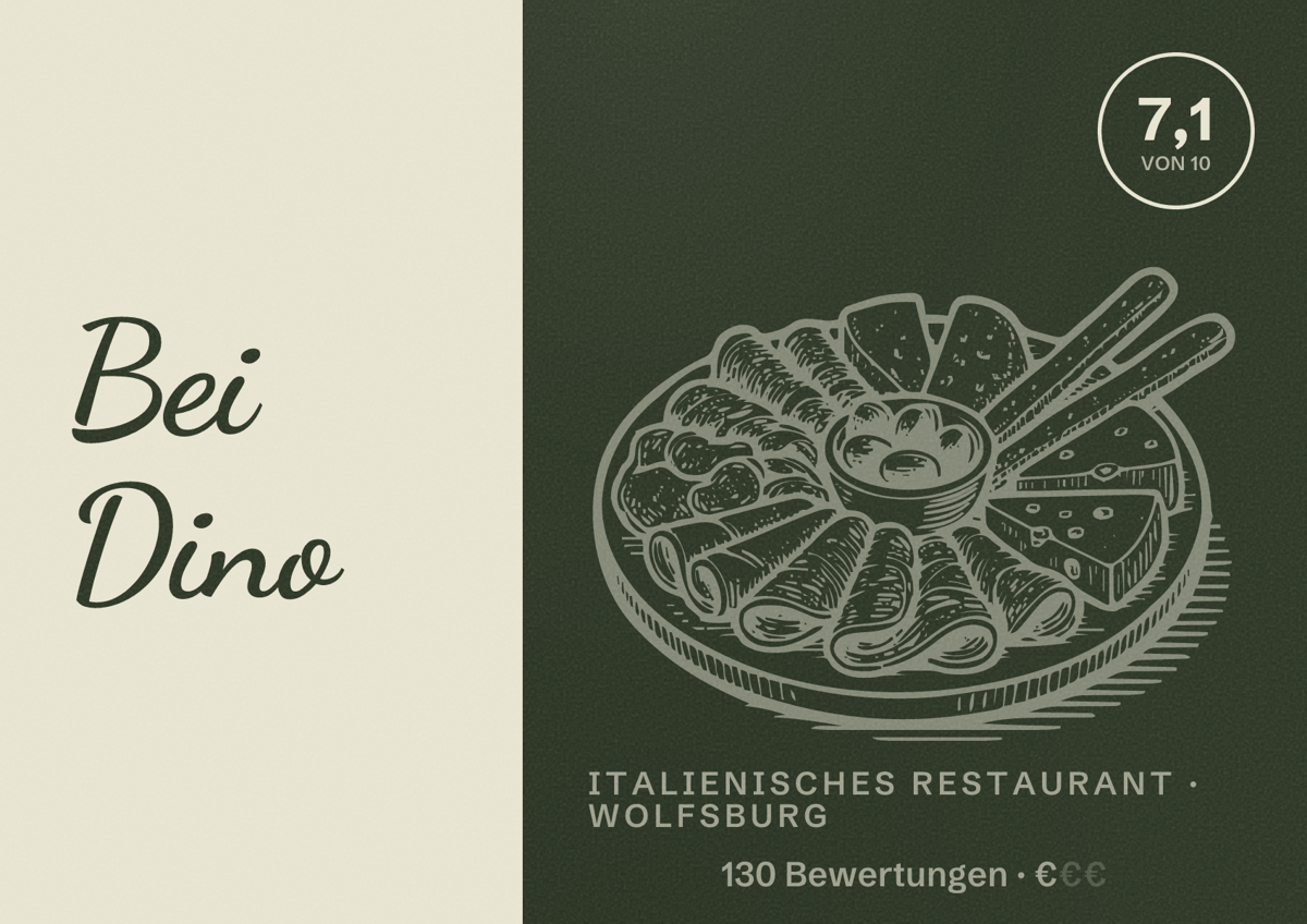 Illustriertes Poster von Bei Dino, Italienisches Restaurant in Wolfsburg: Bewertung 7,1 von 10 aus 130 Bewertungen, Preisniveau €