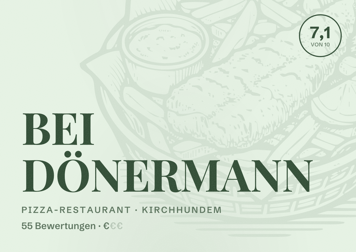 Illustriertes Poster von BEI DÖNERMANN, Pizza-Restaurant in Kirchhundem: Bewertung 7,1 von 10 aus 55 Bewertungen, Preisniveau €