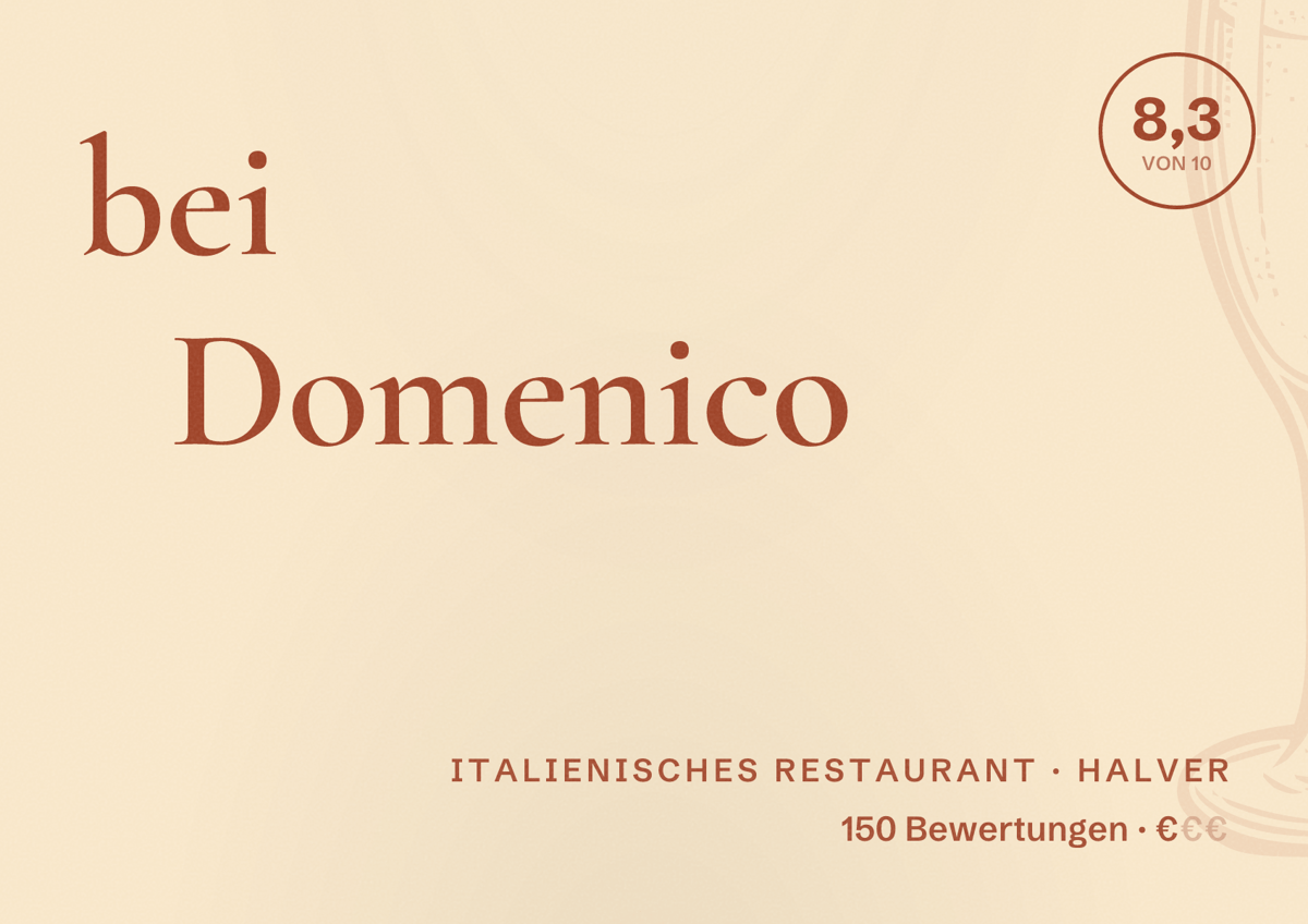 Illustriertes Poster von bei Domenico, Italienisches Restaurant in Halver: Bewertung 8,3 von 10 aus 150 Bewertungen, Preisniveau €