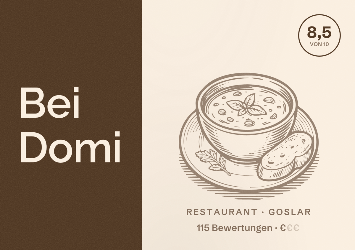 Illustriertes Poster von Bei Domi, Restaurant in Goslar: Bewertung 8,5 von 10 aus 115 Bewertungen, Preisniveau €