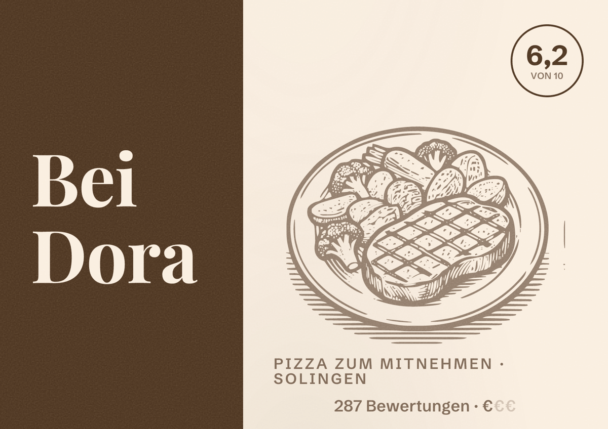 Illustriertes Poster von Bei Dora, Pizza zum Mitnehmen in Solingen: Bewertung 6,2 von 10 aus 287 Bewertungen, Preisniveau €