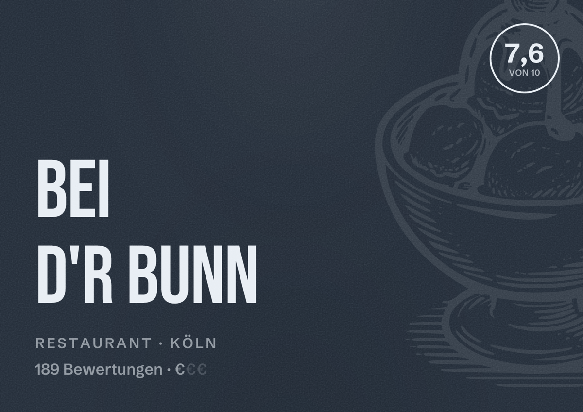 Illustriertes Poster von Bei d'r Bunn, Restaurant in Köln: Bewertung 7,6 von 10 aus 189 Bewertungen, Preisniveau €