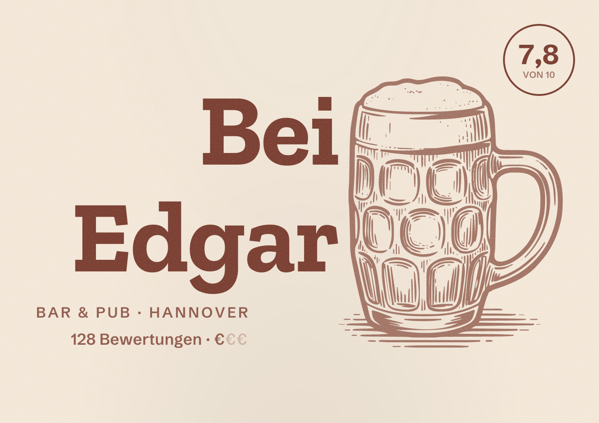 Illustriertes Poster von Bei Edgar, Bar & Pub in Hannover: Bewertung 7,8 von 10 aus 128 Bewertungen, Preisniveau €