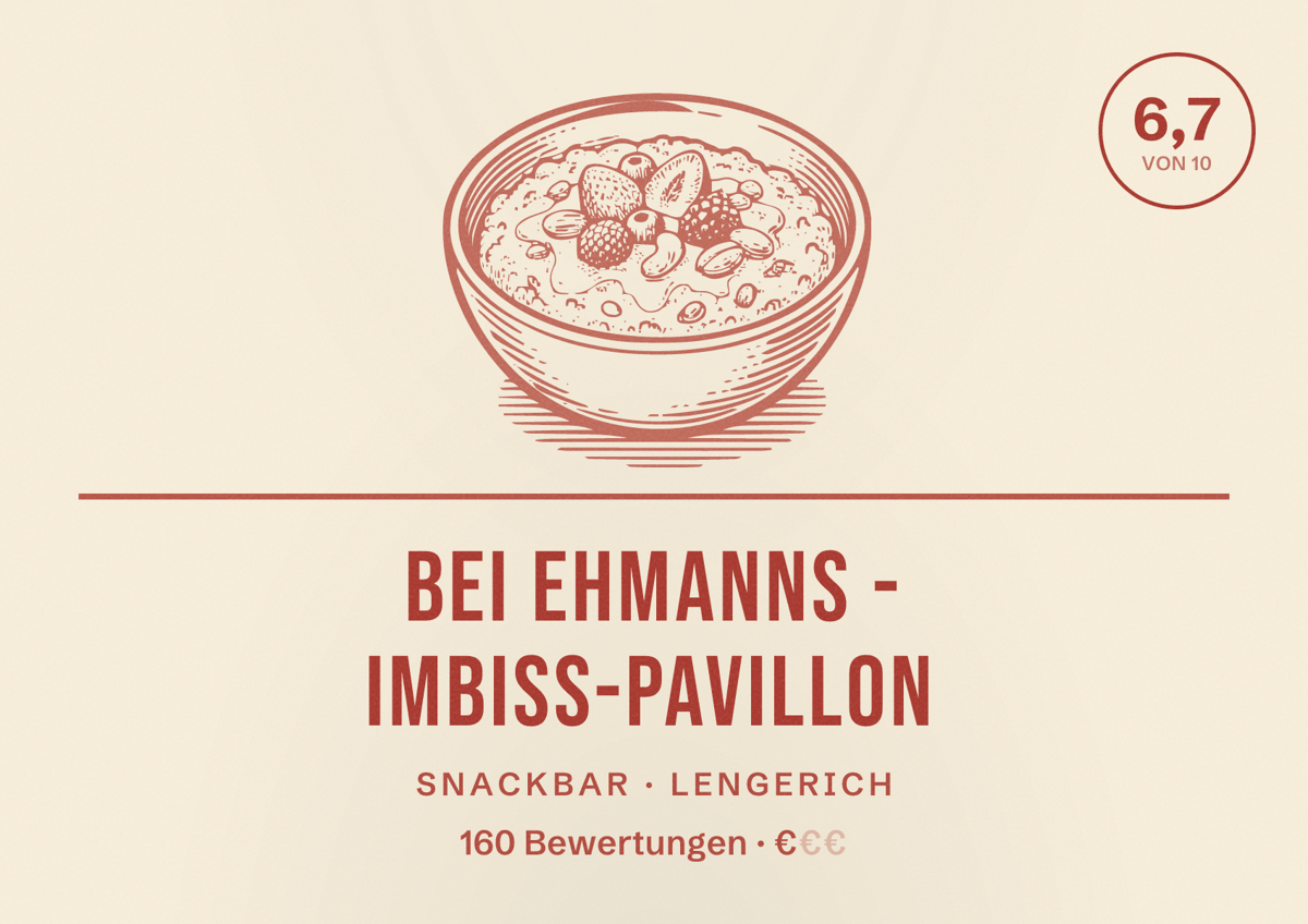 Illustriertes Poster von Bei Ehmanns - Imbiss-Pavillon, Snackbar in Lengerich: Bewertung 6,7 von 10 aus 160 Bewertungen, Preisniveau €
