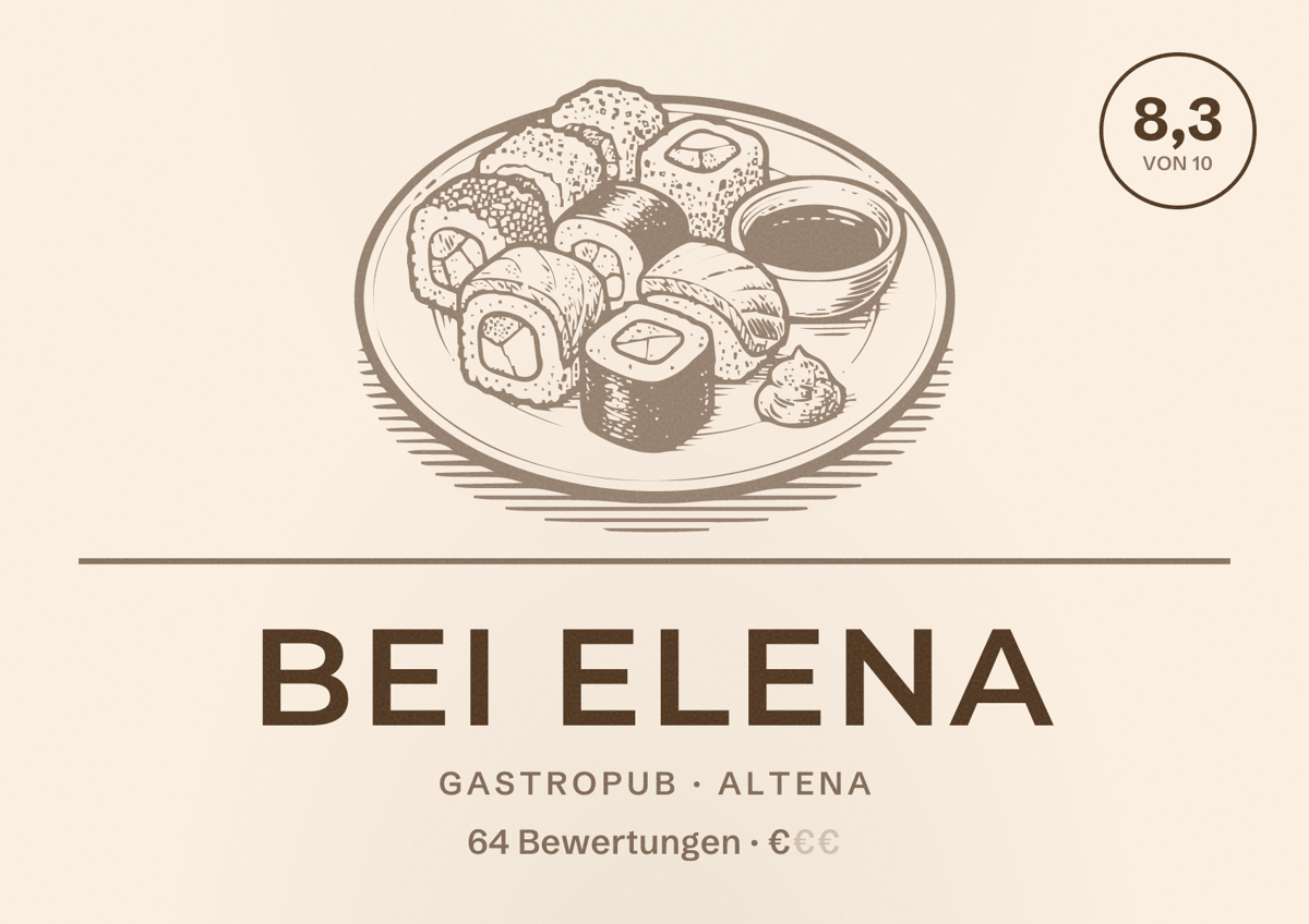 Illustriertes Poster von Bei Elena, Gastropub in Altena: Bewertung 8,3 von 10 aus 64 Bewertungen, Preisniveau €