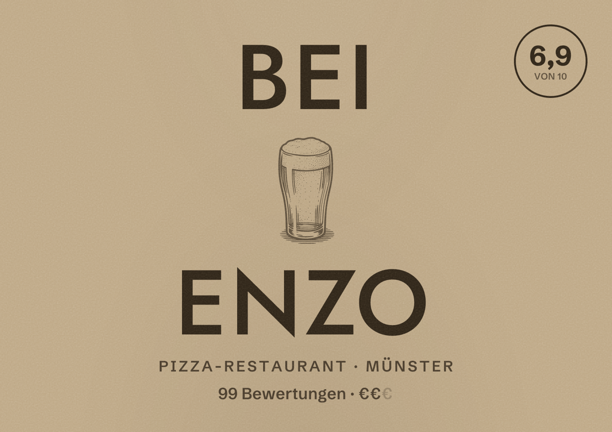 Illustriertes Poster von Bei Enzo, Pizza-Restaurant in Münster: Bewertung 6,9 von 10 aus 99 Bewertungen, Preisniveau €€