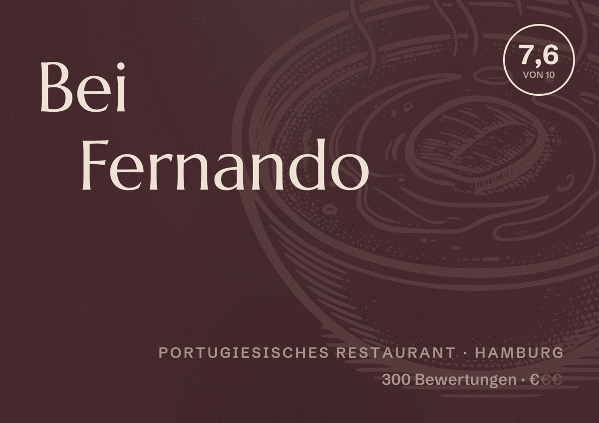 Illustriertes Poster von Bei Fernando, Portugiesisches Restaurant in Hamburg: Bewertung 7,6 von 10 aus 300 Bewertungen, Preisniveau €