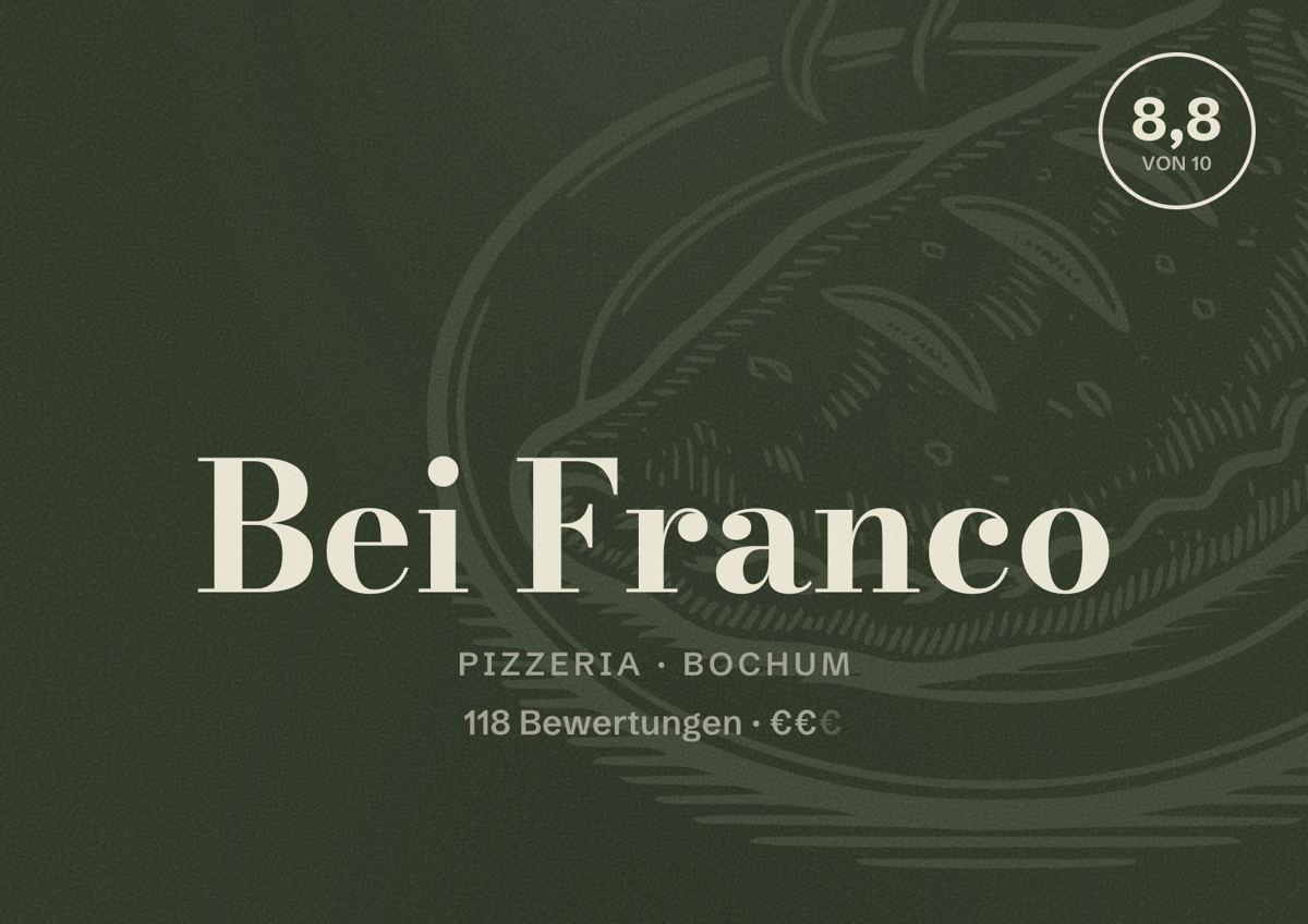 Illustriertes Poster von Bei Franco, Pizzeria in Bochum: Bewertung 8,8 von 10 aus 118 Bewertungen, Preisniveau €€