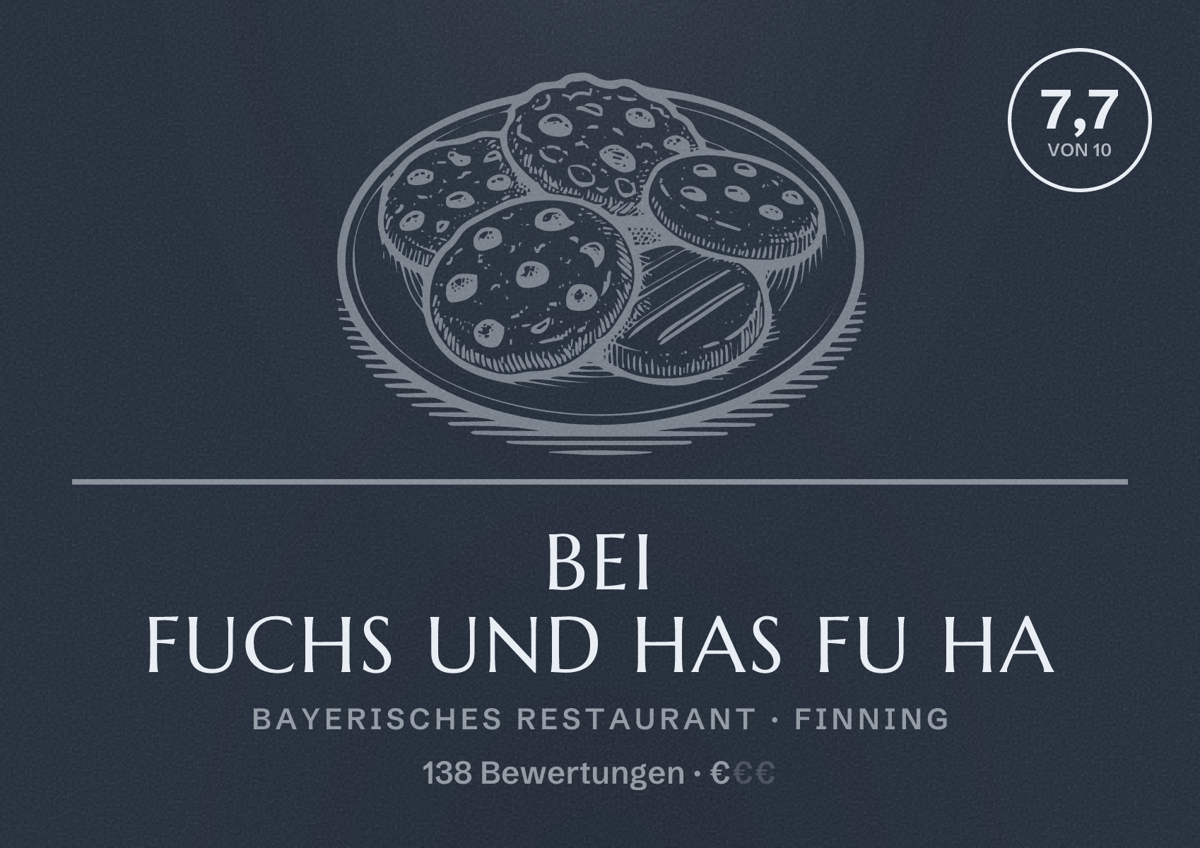 Illustriertes Poster von Bei Fuchs und Has Fu Ha, Bayerisches Restaurant in Finning: Bewertung 7,7 von 10 aus 138 Bewertungen, Preisniveau €