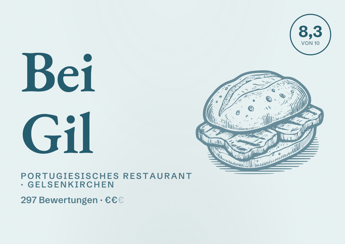 Illustriertes Poster von Bei Gil, Portugiesisches Restaurant in Gelsenkirchen: Bewertung 8,3 von 10 aus 297 Bewertungen, Preisniveau €€