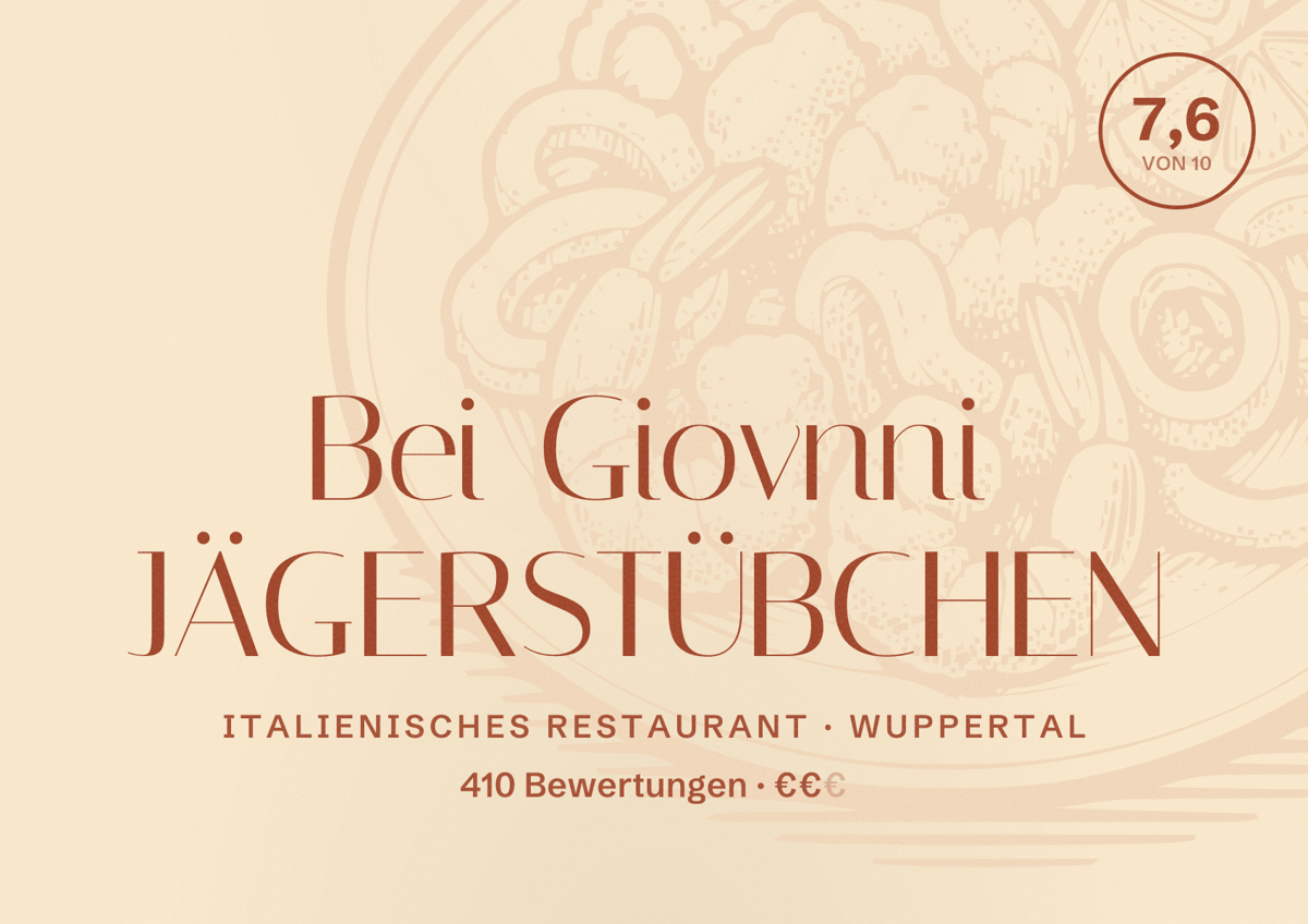 Illustriertes Poster von Bei Giovnni JÄGERSTÜBCHEN, Italienisches Restaurant in Wuppertal: Bewertung 7,6 von 10 aus 410 Bewertungen, Preisniveau €€