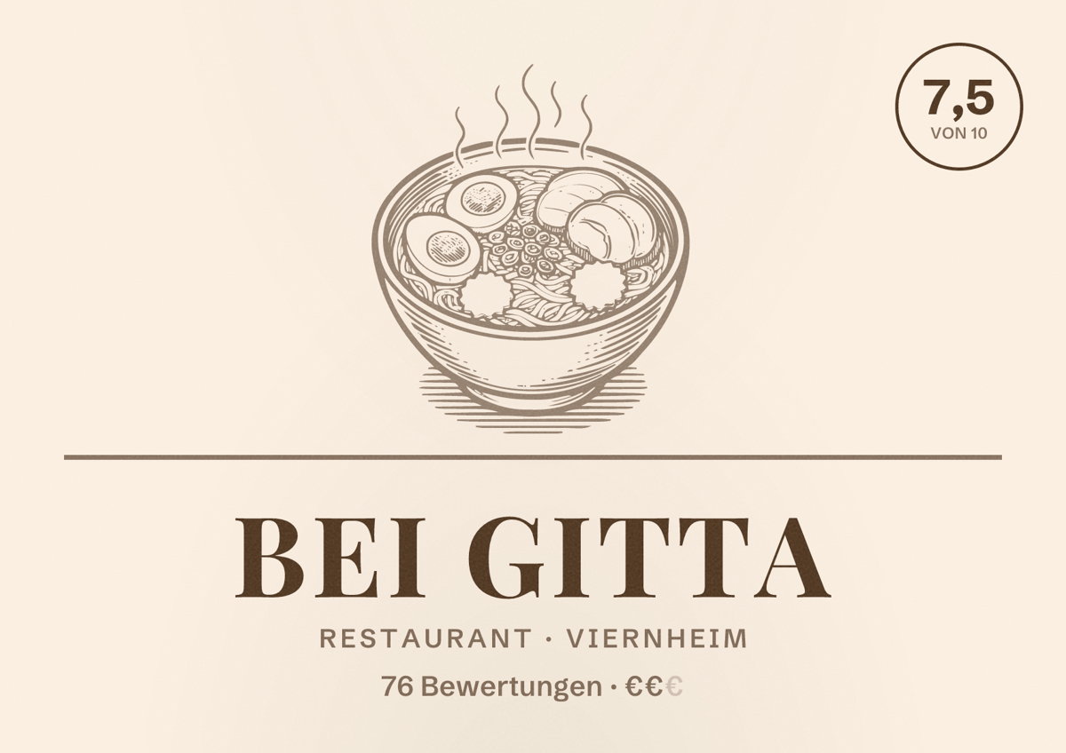 Illustriertes Poster von Bei Gitta, Restaurant in Viernheim: Bewertung 7,5 von 10 aus 76 Bewertungen, Preisniveau €€