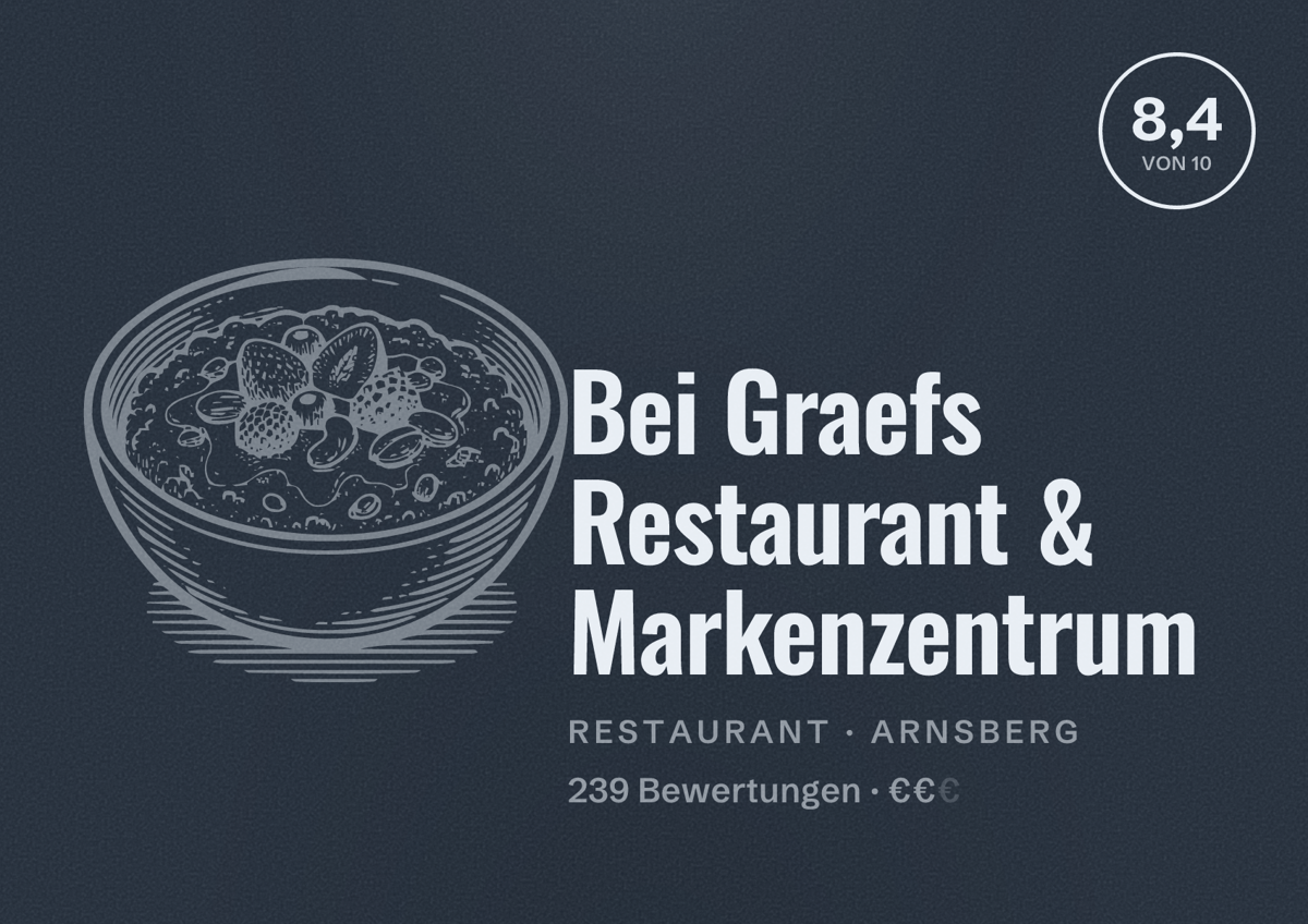 Illustriertes Poster von Bei Graefs Restaurant & Markenzentrum, Restaurant in Arnsberg: Bewertung 8,4 von 10 aus 239 Bewertungen, Preisniveau €€